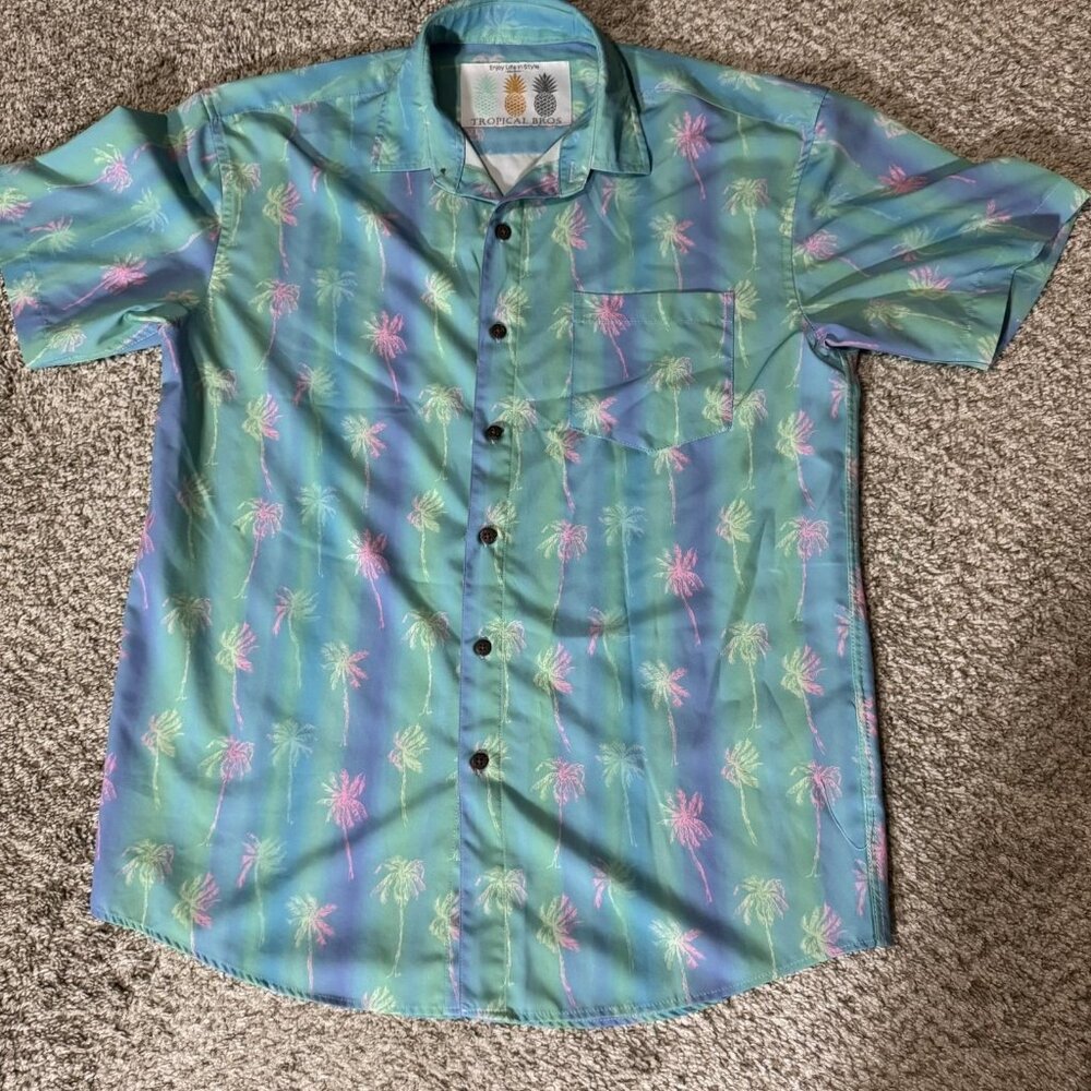Tropical Bros Shirt Mens Medium Blue Green Palm Tree Hawaiian Aloha Button Up